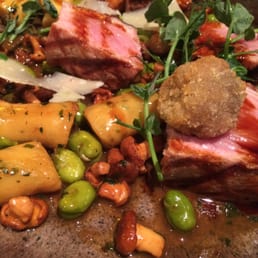 Milk fed veal striploin, crispy sweatbreads, giroles, broad beans, herb gnocchi.