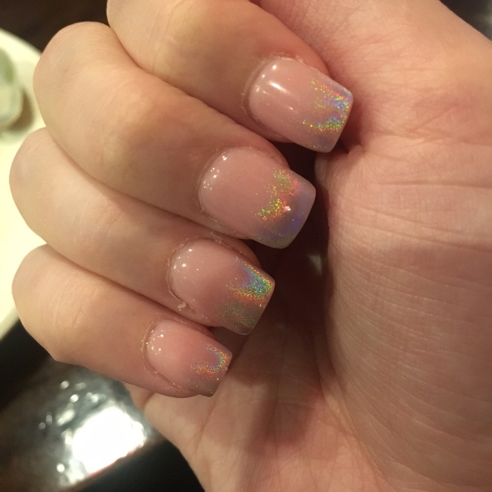 Design Nails & Spa - Please excuse the lighting, this is the squoval semi-short length, pink acrylic gel with holographic tips I got the first time - Nail Salons Near Me - Sycamore, Illinois Design Nails & Spa - Please excuse the lighting, this is the squoval semi-short length, pink acrylic gel with holographic tips I got the first time - Nail Salons Near Me - Sycamore, Illinois
