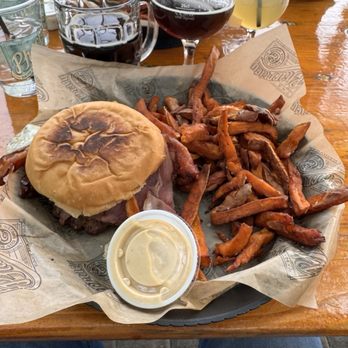 The Pharmacy Burger Parlor & Beer Garden - Farm Burger with sweet potato fries and garlic aioli. - Burgers Near Me - Nashville, Tennessee The Pharmacy Burger Parlor & Beer Garden - Farm Burger with sweet potato fries and garlic aioli. - Burgers Near Me - Nashville, Tennessee