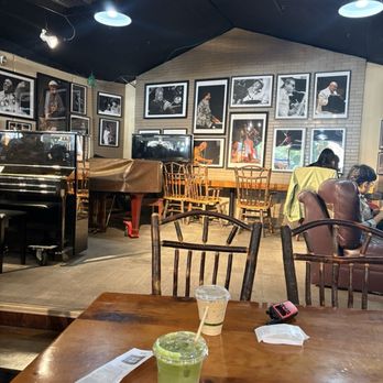 CoHo Cafe - Strawberry Matcha and an Iced Latte, with inside decorations - Cafes Near Me - Stanford, California