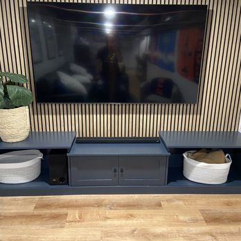 Make & Mend Home Services - Custom built media console cabinets with wood slats from the wood veneer hub. - Handyman Near Me Make & Mend Home Services - Custom built media console cabinets with wood slats from the wood veneer hub. - Handyman Near Me