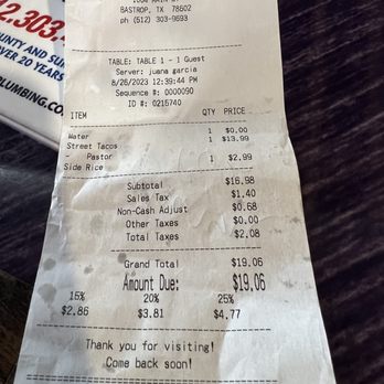 Anita's Mexican Restaurant - Receipt with the non-cash surcharge not reversed after I paid cash. - Mexican Near Me - Bastrop, Texas