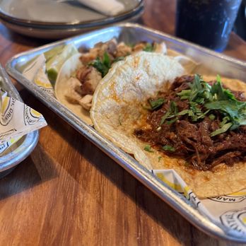 Queso's Plainfield - Barbacoa on corn tortilla on the right grilled chicken on flour tortilla on the left - Bars Near Me - Plainfield, Indiana