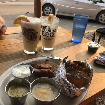 Sagebrush BBQ & Grill - Wild Game Sausage Platter and piña coladas on the outdoor patio overlooking the main street! - Barbeque Near Me - Grand Lake, Colorado