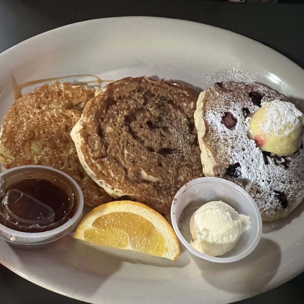 Beacon Cafe 287 - Pancake trio--pineapple upside down + cinnamon roll + blueberry w/ lemon curd butter - Breakfast & Brunch Near Me - Fort Worth, Texas