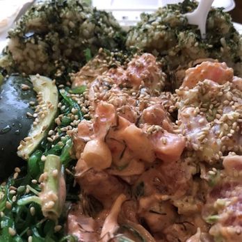 Jus' Poke - Brown rice with furikake, aunty's cucumber, seaweed salad, spicy mayo ahi & Cali style poke - Hawaiian Near Me - Redondo Beach, California Jus' Poke - Brown rice with furikake, aunty's cucumber, seaweed salad, spicy mayo ahi & Cali style poke - Hawaiian Near Me - Redondo Beach, California