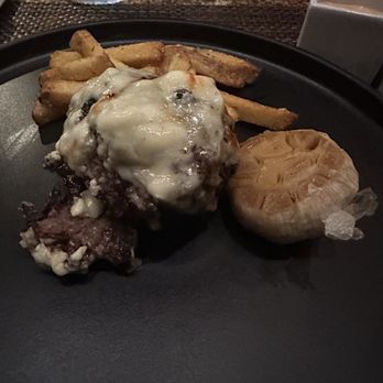 Edge Steakhouse - Wagyu 7 oz steak, blackened, crusted blue cheese topping with garlic and truffle fries - Steakhouses Near Me - Las Vegas, Nevada Edge Steakhouse - Wagyu 7 oz steak, blackened, crusted blue cheese topping with garlic and truffle fries - Steakhouses Near Me - Las Vegas, Nevada