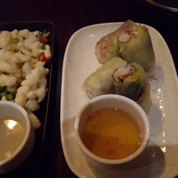 Red Lantern on Riley - [LEFT] Muc Rang Muoi - Lightly battered chilli salted squid  [RIGHT] Cuon Ga, Xa va La Lot - Soft rice paper rolls of lemongrass chicken - Vietnamese Near Me - Darlinghurst, NSW