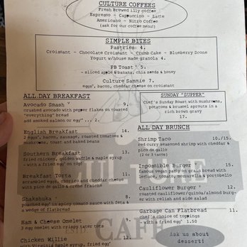 Culture Cafe - Sunday menu All day Breakfast All day brunch Vegetarian options - Breakfast & Brunch Near Me - Williamsburg, Virginia Culture Cafe - Sunday menu All day Breakfast All day brunch Vegetarian options - Breakfast & Brunch Near Me - Williamsburg, Virginia