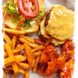 Queenz Bistro and Diner - Queens Box - cheeseburger, fries, and four wings.