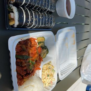 Mori Katsu & Kimbap - Burdock kimbap, fish cake kimbap, and spicy chicken plate. The takeout order came with two cups of soup - Asian Fusion Near Me - Cypress, California