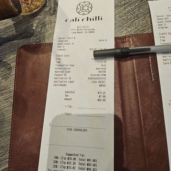 Cali Chilli - Receipt, lunch for 2, added tip of 20% included for large group. - Indian Near Me - Long Beach, California Cali Chilli - Receipt, lunch for 2, added tip of 20% included for large group. - Indian Near Me - Long Beach, California