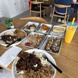 Chicken wings, BBQ beef platter, BBQ short ribs platter, fried musubi. Chicken wings, BBQ beef platter, BBQ short ribs platter, fried musubi.