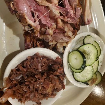 Black Forest Cafe - Schweinehaxe (ham hock), cucumber salad and red cabbage...mmmm...just like grandma used to make (?) - German Near Me - Oregon, Ohio