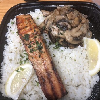 Turf' N Surf Burger Grill - Salmon on white rice with mushrooms and onions - Seafood Near Me - Warren, New Jersey Turf' N Surf Burger Grill - Salmon on white rice with mushrooms and onions - Seafood Near Me - Warren, New Jersey
