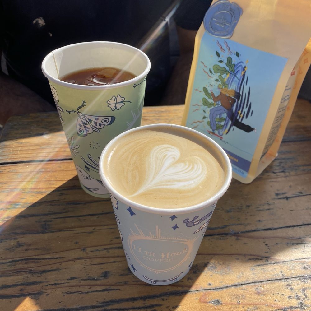 Left to right: Cold brew, vanilla latte, bag of whole beans Left to right: Cold brew, vanilla latte, bag of whole beans