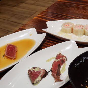 Sushi Masa - clocwise from 1 o'clock; cucumber wrap, sesame balls, pepper tuna, tuna tataki. - Sushi Bars Near Me - Plano, Texas Sushi Masa - clocwise from 1 o'clock; cucumber wrap, sesame balls, pepper tuna, tuna tataki. - Sushi Bars Near Me - Plano, Texas
