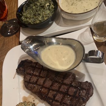 Blvck Cow - NY Strip with Roasted Garlic Sauce, Creamed Spinach, Mashed Potatoes - Cocktail Bars Near Me - Bowie, Maryland Blvck Cow - NY Strip with Roasted Garlic Sauce, Creamed Spinach, Mashed Potatoes - Cocktail Bars Near Me - Bowie, Maryland