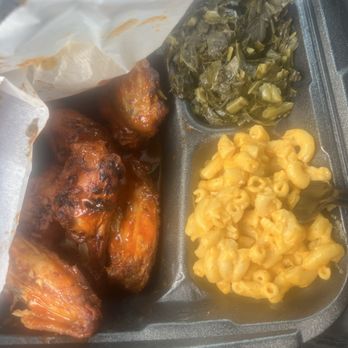 Big Q's Barbecue - wings with greens and macaroni - Barbeque Near Me - Petal, Mississippi