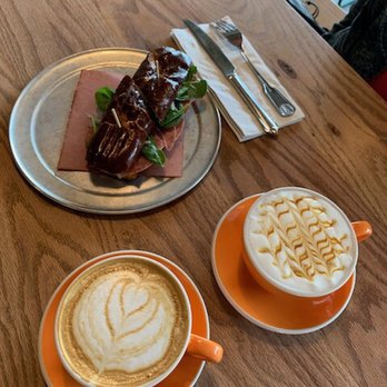 Slowpokes - (Clockwise) Gorgonzola + Salami Panino, Caramel Macchiato & Lavender latte w/ coconut milk - Bars Near Me - Houston, Texas Slowpokes - (Clockwise) Gorgonzola + Salami Panino, Caramel Macchiato & Lavender latte w/ coconut milk - Bars Near Me - Houston, Texas