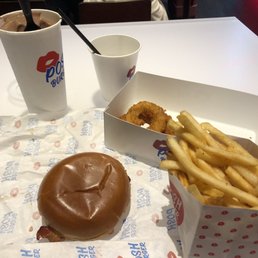 Bacon cheeseburger, chocolate milkshake, and 50/50 (French fries and onion rings). Bacon cheeseburger, chocolate milkshake, and 50/50 (French fries and onion rings).