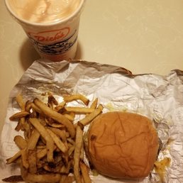 Deluxe burger, fries, and a strawberry milkshake Deluxe burger, fries, and a strawberry milkshake