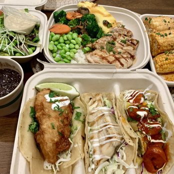 Pacific Catch - Tacos, Mexican "Elote" Corn on the Cob, Hawaiian Teriyaki Grilled Chicken, side salad and beans. - Seafood Near Me - Walnut Creek, California Pacific Catch - Tacos, Mexican "Elote" Corn on the Cob, Hawaiian Teriyaki Grilled Chicken, side salad and beans. - Seafood Near Me - Walnut Creek, California
