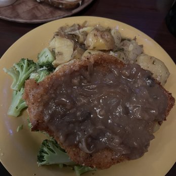 Freiberg's German Restaurant - Jaeger Schnitzel with broccoli and Bavarian potato salad - German Near Me - Johnson City, Tennessee Freiberg's German Restaurant - Jaeger Schnitzel with broccoli and Bavarian potato salad - German Near Me - Johnson City, Tennessee
