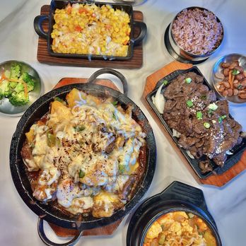 Jeonju Hostetter - Spread: Cheesy Corn, Kalbijjim, Ramen Tofu Soup in Stone Pot, Grilled Marbled Beef Brisket - Korean Near Me - San Jose, California Jeonju Hostetter - Spread: Cheesy Corn, Kalbijjim, Ramen Tofu Soup in Stone Pot, Grilled Marbled Beef Brisket - Korean Near Me - San Jose, California