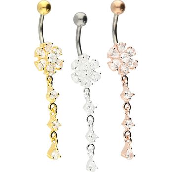 blue - Eleganter Bauchnabelpiercing mit Kristallblumenanhänger in silberfaren, PVD goldfarben oder roségold. - Piercing Near Me - Munich, BY