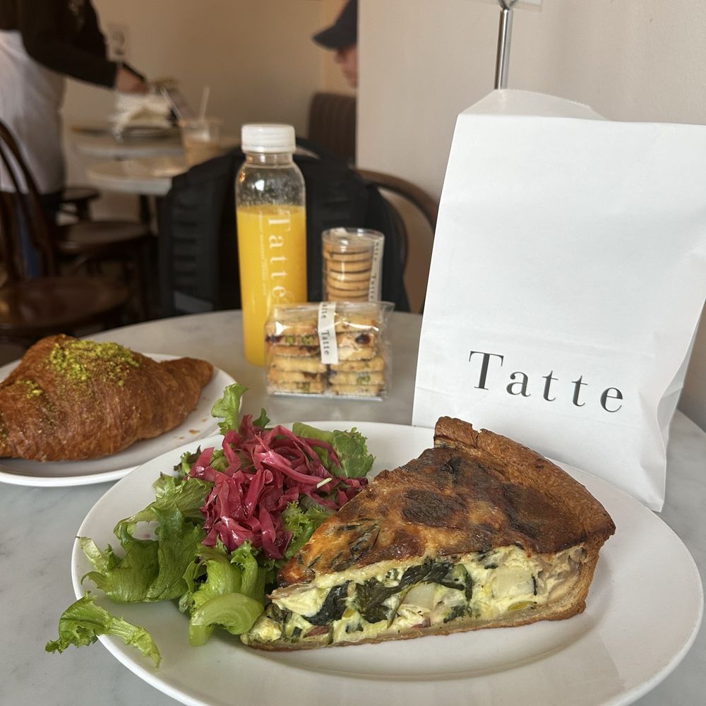 Vegetarian Leek, Potato & Spinach Quiche & Salad and pistachio croissant Vegetarian Leek, Potato & Spinach Quiche & Salad and pistachio croissant
