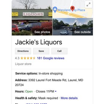 Jackie's Liquors - location on google - Beer, Wine & Spirits Near Me - Laurel, Maryland