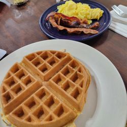 Rusty's Place - banana waffle with scrambled egg and bacon
