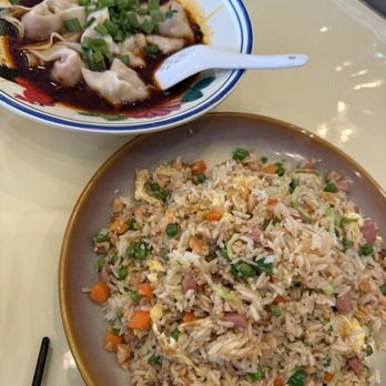 Happy Noodles - Wonton in chilli oil and salmon fried rice. - Szechuan Near Me - Kent, Washington