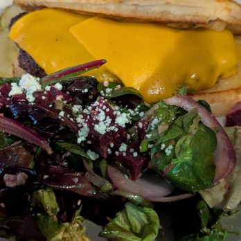 Midtown Bluebird - Dad burger with side salad - New American Near Me - Coeur d'Alene, Idaho Midtown Bluebird - Dad burger with side salad - New American Near Me - Coeur d'Alene, Idaho