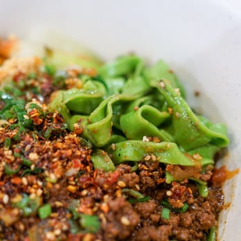 Noodle Feast - #206. Spinach Rolling Noodles, Egg & Tomato Sauce, Minced Pork & Hot Chili Oil - Chinese Near Me - Edmonton, Alberta