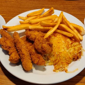 Denny's - Toast, chicken tenders with fries and hash browns, hot sauce - American Near Me - Toronto, Ontario Denny's - Toast, chicken tenders with fries and hash browns, hot sauce - American Near Me - Toronto, Ontario