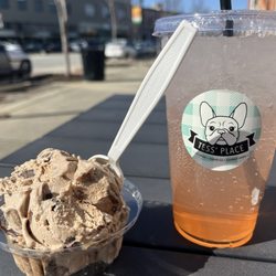 Tess Place - Single scoop of Better Brownie Batter and a sparkling lemonade with pineapple and peach flavors