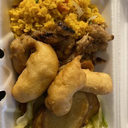 chicken, rice, and vegetables in a styrofoam container chicken, rice, and vegetables in a styrofoam container