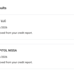 Credit inquiries associated with this transaction -- entries removed following dispute (Experian report)