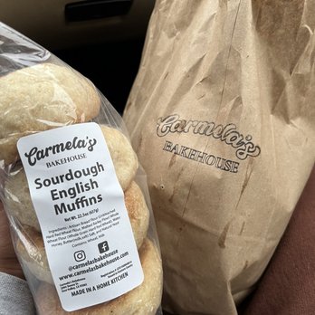 Carmela's Bakehouse - first time getting sourdough loaf (in bag) and got English Muffins as an extra for free. As my first time, I got both for free. - Bakeries Near Me - Simi Valley, California Carmela's Bakehouse - first time getting sourdough loaf (in bag) and got English Muffins as an extra for free. As my first time, I got both for free. - Bakeries Near Me - Simi Valley, California