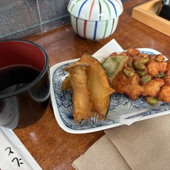 Sobakatsu - Scallop Kakiage Served with Mixed Tempura (Kabocha, Mushroom, Snap Pea, and Imitation Crab) - Japanese Near Me - San Francisco, California Sobakatsu - Scallop Kakiage Served with Mixed Tempura (Kabocha, Mushroom, Snap Pea, and Imitation Crab) - Japanese Near Me - San Francisco, California