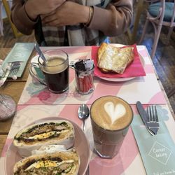 Club Julius, hazelnut latte, large coffee, ham and cheese croissant