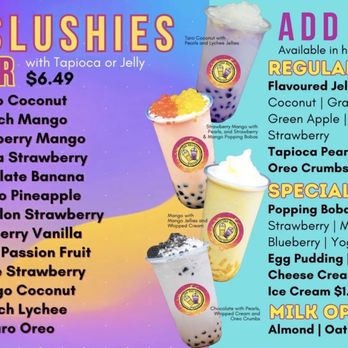 The Big Squish Lemonade and Bubble Tea - Menu as of June 15, 2023 Slushies and Add-Ons - Bubble Tea Near Me - Edmonton, Alberta The Big Squish Lemonade and Bubble Tea - Menu as of June 15, 2023 Slushies and Add-Ons - Bubble Tea Near Me - Edmonton, Alberta