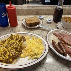 Order the Johnnys Jumbo with pancakes for breakfast at Ramseys Coney Island in Trenton , Michigan.