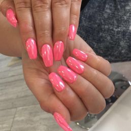 White chrome powder over hot pink shellac