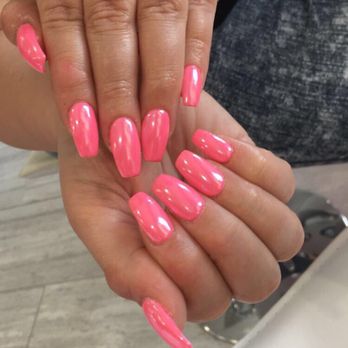 Nail Gloss - White chrome powder over hot pink shellac - Nail Salons Near Me - Sterling Heights, Michigan