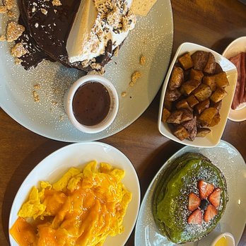 Belly Cake - S'mores pancakes, Matcha brûlée pancakes, eggs and cheese, and potatoes - Pancakes Near Me - Bayside, New York