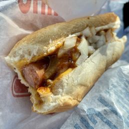 Wienerschnitzel, Bermuda Dunes. The classic Original Chile Cheese Dog with Onions. So good!