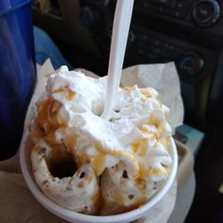 Caboose Frozen Treats - Trix Mix Rolled Ice Cream with whipped cream and caramel sauce.